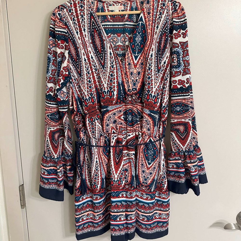 Women's Large GB Print Romper with Pockets and Bell Sleeves